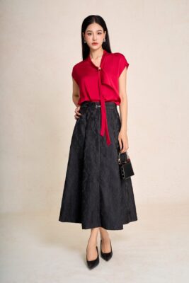 FAS34123 - Áo sơ mi công sở vải lụa bóng cổ phối vạt tay chờm tạo kiểu - PANTIO