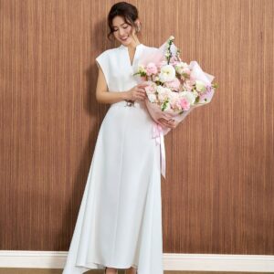 Đầm công sở vải thô dáng chữ A cổ xẻ V ta chờm eo váy phối dây đai tạo kiểu khoá thân sau